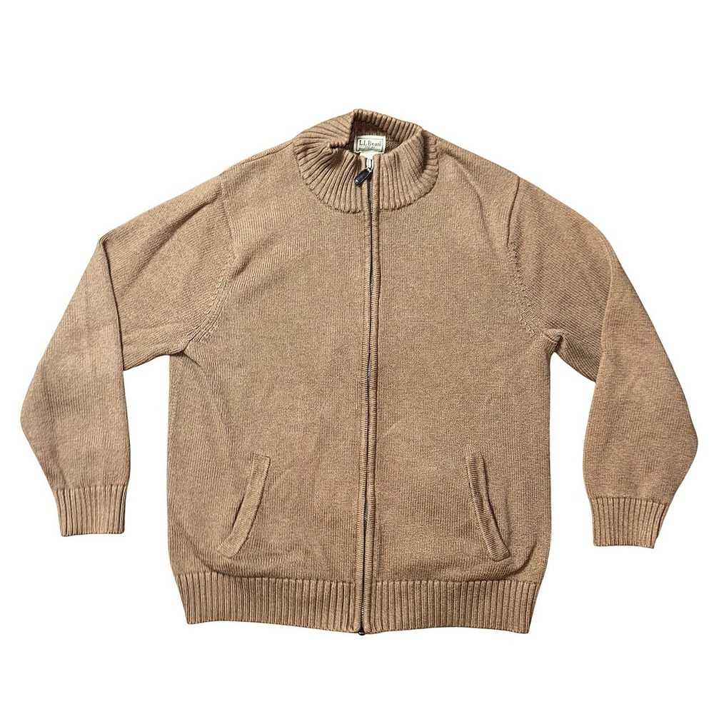 LL Bean Mens Large Full Zip Cotton Cardigan Sweater Tan Brown Mock Neck HJS6
